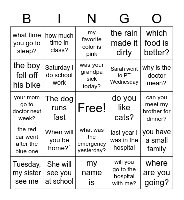 sign sentences Bingo Card