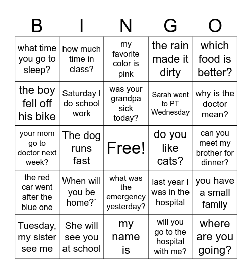 sign sentences Bingo Card