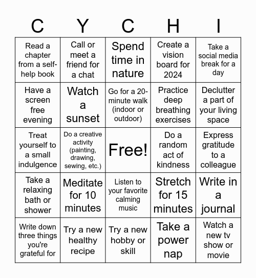 Self Care Challenge Bingo Card