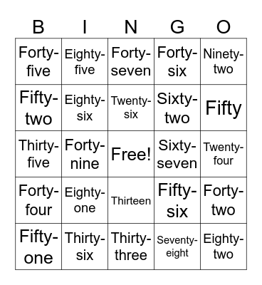 Number words Bingo Card