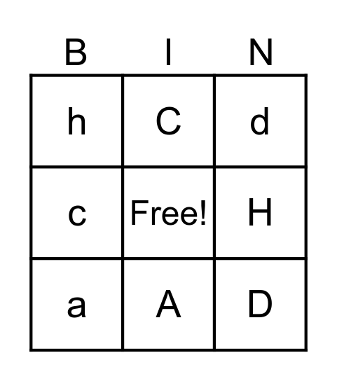 A, C, D, H Bingo Card