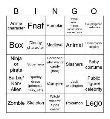 Halloween costumes Bingo Card