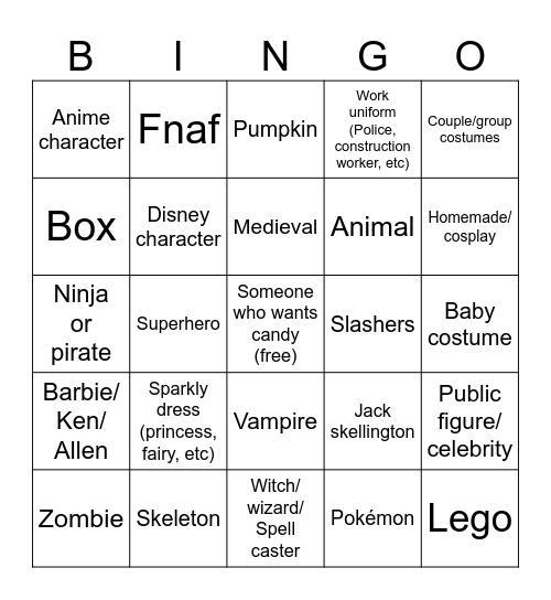 Halloween costumes Bingo Card