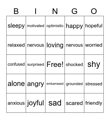 FEELINGS AND EMOTIONS Bingo Card