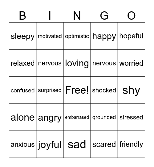 FEELINGS AND EMOTIONS Bingo Card