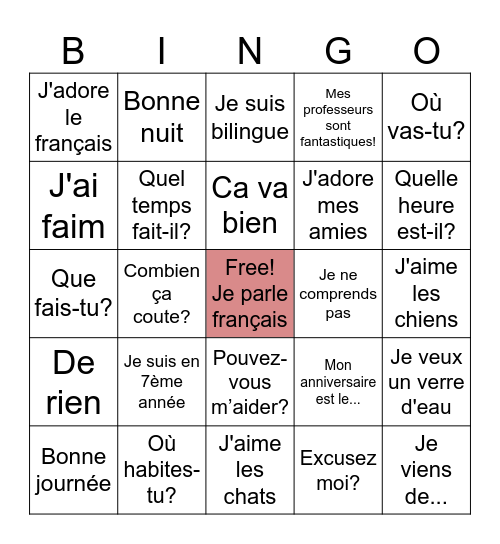 Bingo en français! Bingo Card