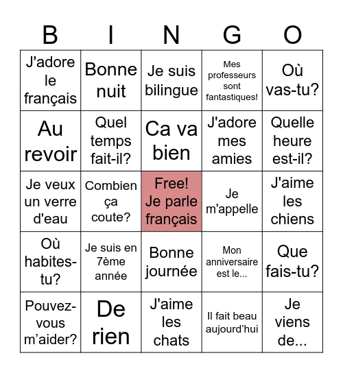 Bingo en français! Bingo Card