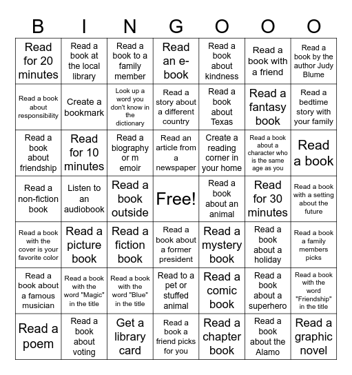 3rd Grade Reading Challenge Bingo Card