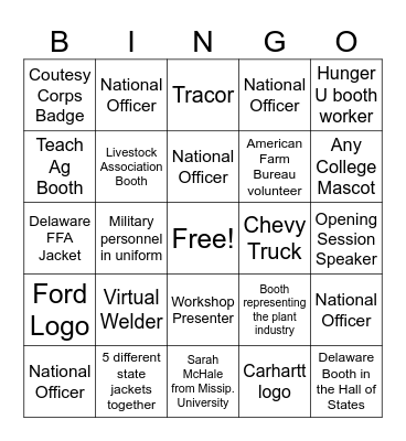 National FFA Convention Bingo (Ridgemont) Bingo Card