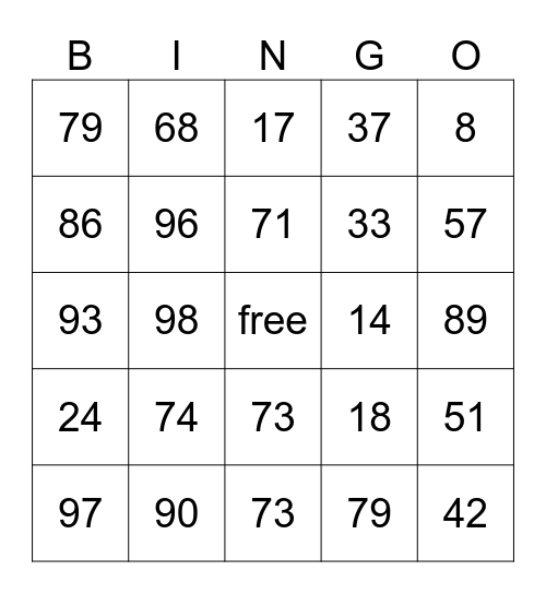 number bingo Card