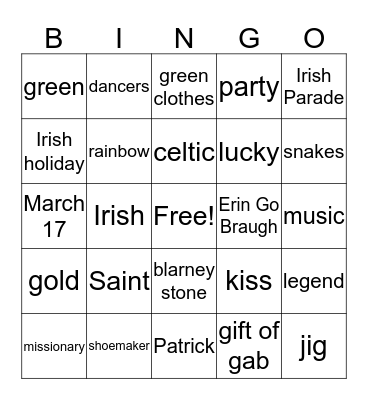 St. Patrick's Day Bingo Card