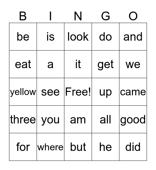 Sight Word Bingo Card