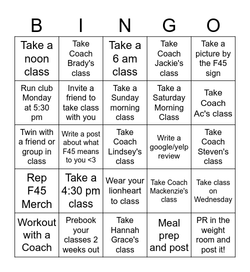 F45 Reynoldstown Bingo Card