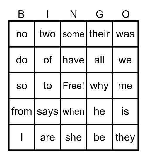 Tricky Word Bingo Card