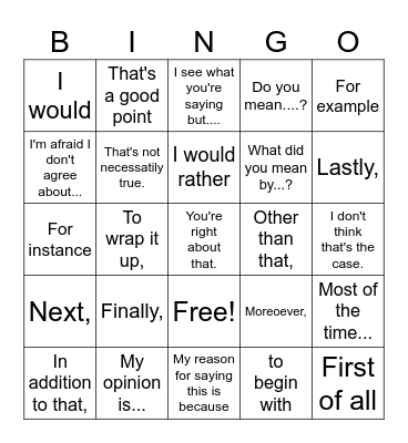 Speaking Practice Phrases Bingo Card