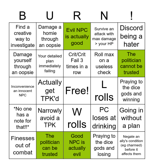 Burn Baby Burn!! Bingo Card