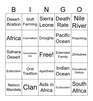 African (continent) Bingo Card