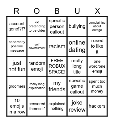 ROBLOX App Store Reviews Bingo Card