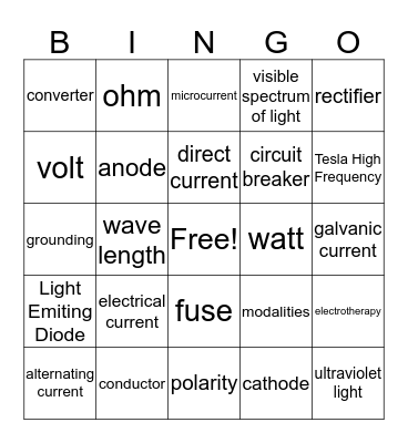 Electricity Bingo Card