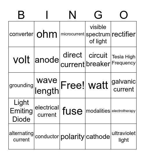 Electricity Bingo Card