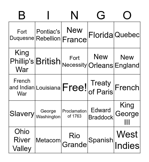 French and Indian War Bingo! Bingo Card