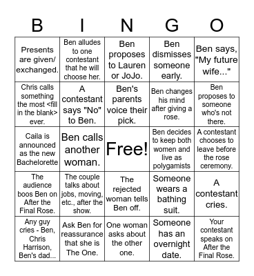 Bachelor Ben Bingo Card