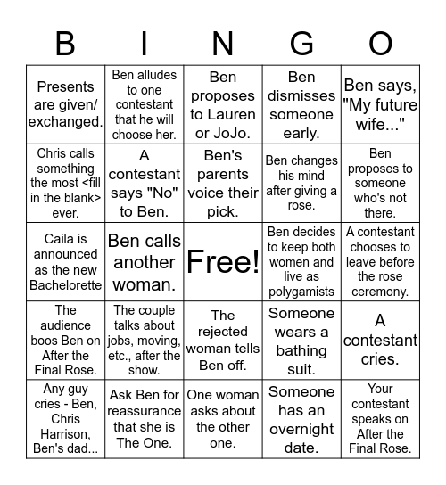Bachelor Ben Bingo Card