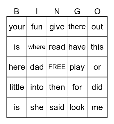 Sight Words Bingo Card