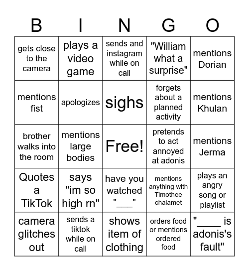 Evelyn Bingo Card