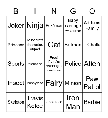 Costume Bingo Card