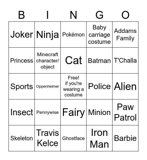 Costume Bingo Card