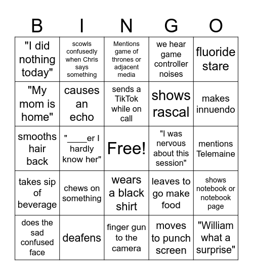 Adonis Bingo Card