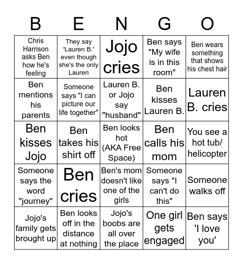 Chi O/Zeta Bachelor Finale "Ben"-go! Bingo Card