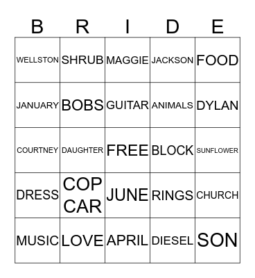 Trav & Jess Bingo Card