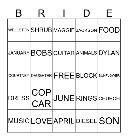 Trav & Jess Bingo Card