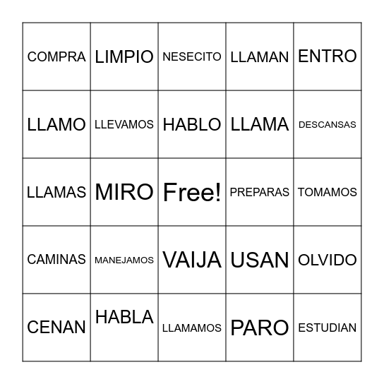 AR REGULAR VERBS BINGO Card