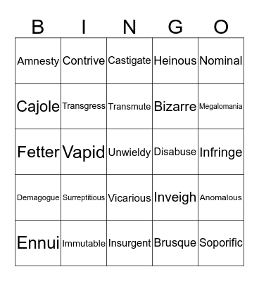 Vocabulary Unit 7 Bingo Card