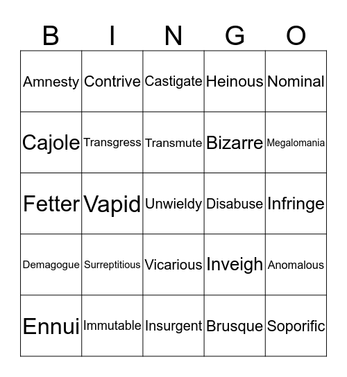 Vocabulary Unit 7 Bingo Card