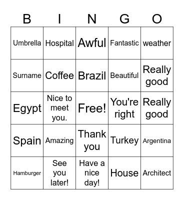 Vocabulary Bingo Card