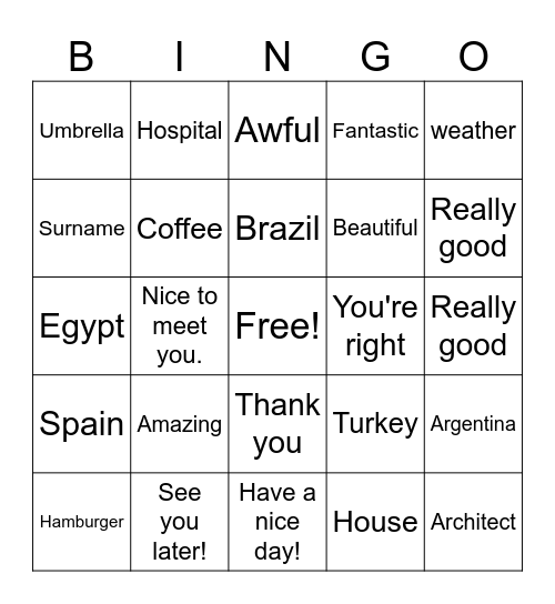 Vocabulary Bingo Card