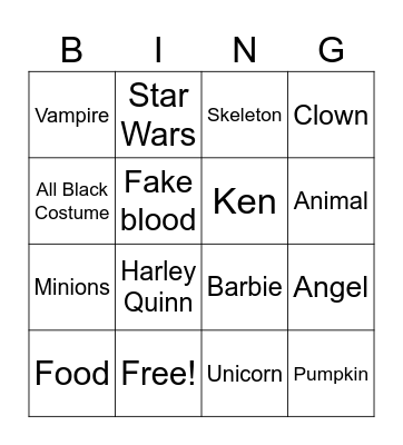 Halloween Costume Bingo Card