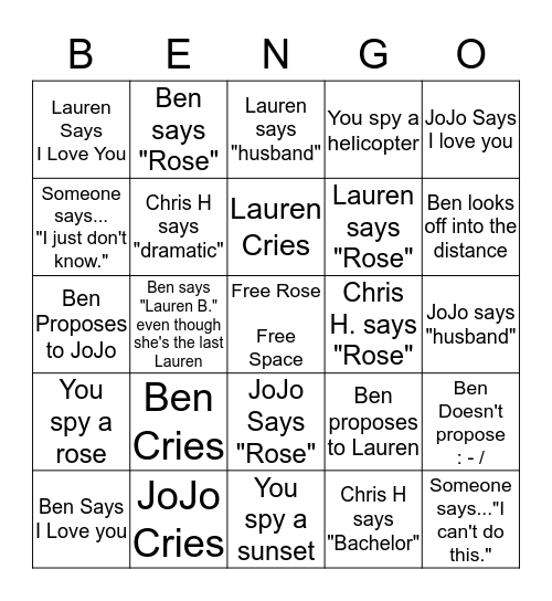 "Will You Accept This Rose?" Bingo Card