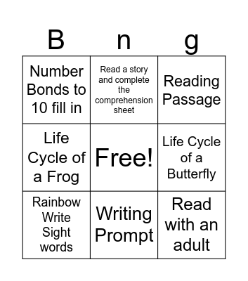 Bingp HomeWork Bingo Card