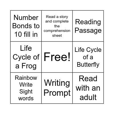 Bingp HomeWork Bingo Card