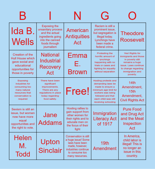 Progressive Era Bingo Card