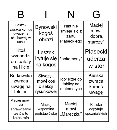Wtorek Siwczyk Bingo Card