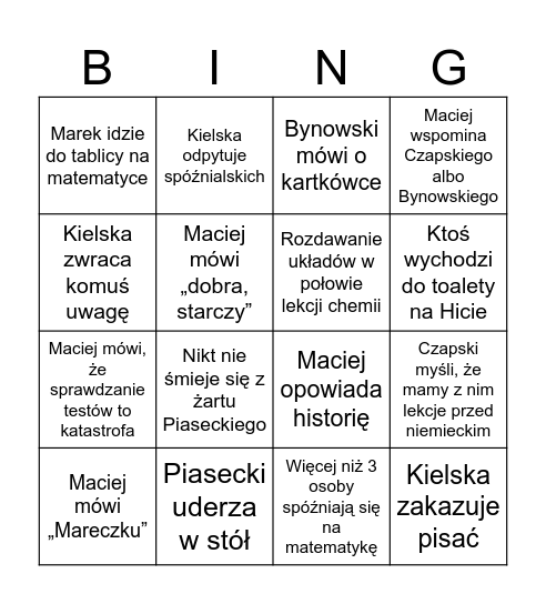 Wtorek wiśniewska Bingo Card
