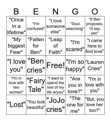 Bachelor Ben Higgins B-E-N-G-O Bingo Card