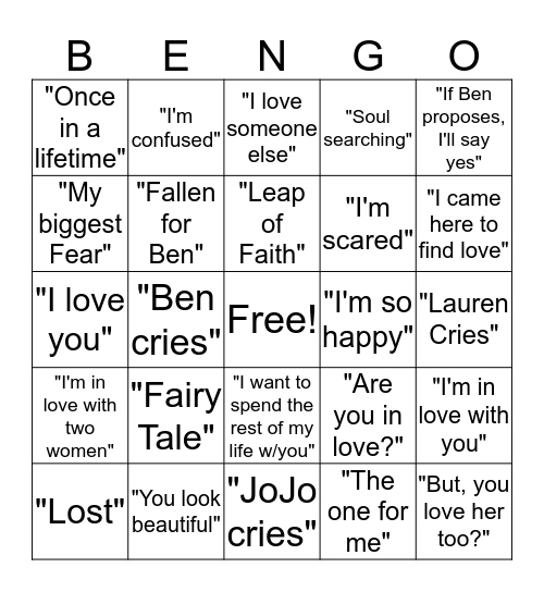 Bachelor Ben Higgins B-E-N-G-O Bingo Card