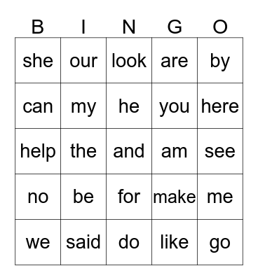 Sight Words Bingo Card